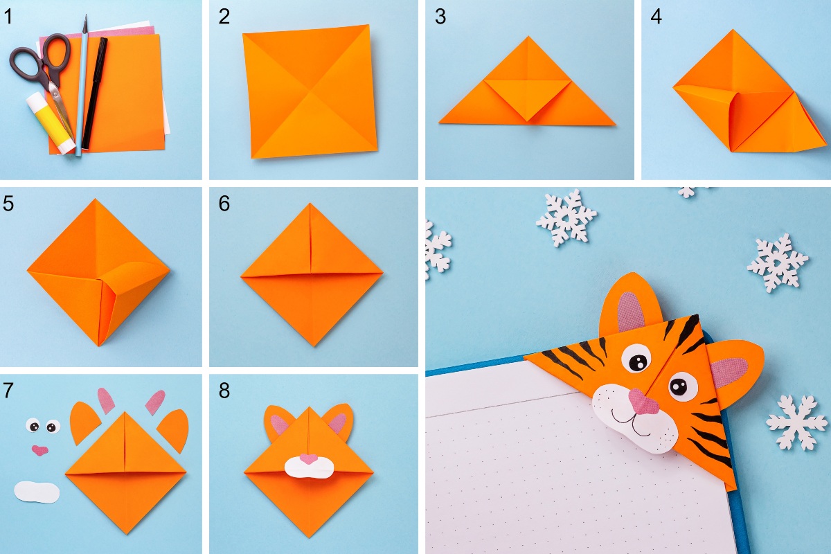 Segnalibro origami di carta piegato a forma di tigre